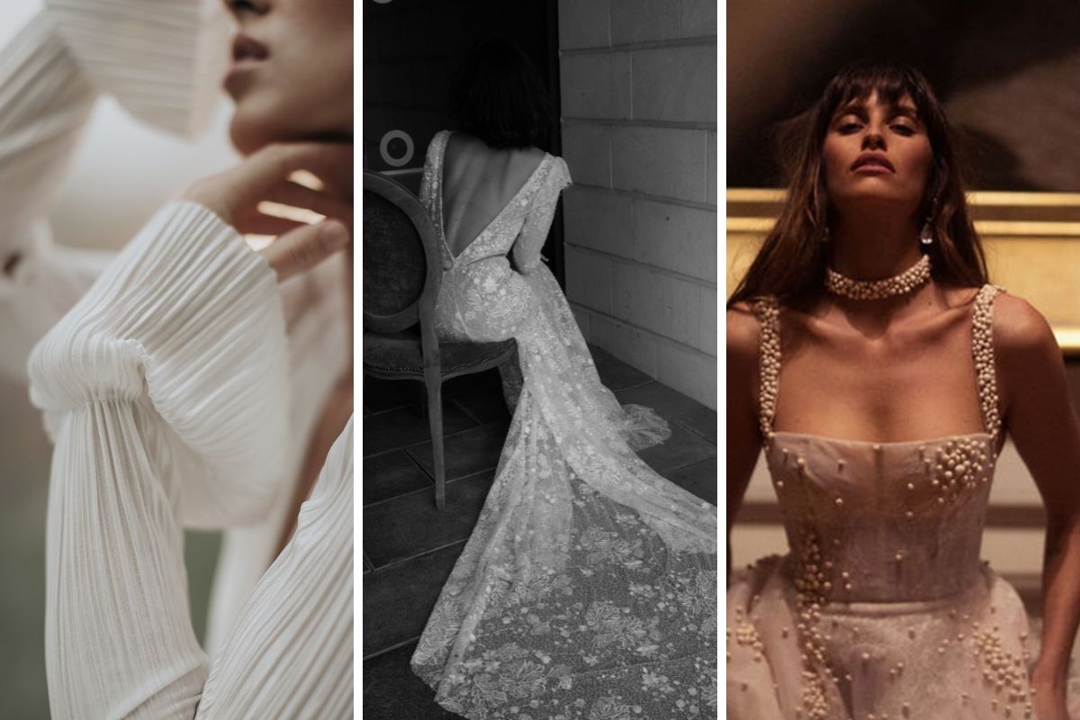3 photos of brides in wedding dresses with unique detaild